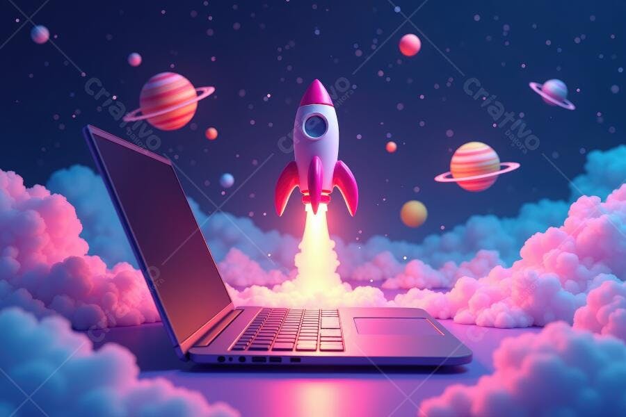 Foto Foguete Decolando Notebook Nuvens Espaço Digital