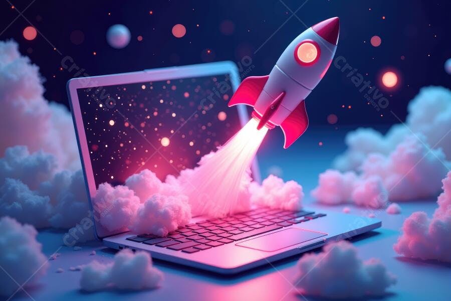 Foguete Decolando Notebook Nuvem Lançamento Digital Tecnologia