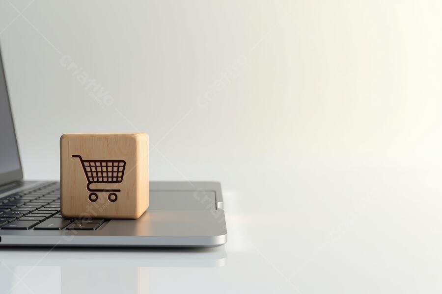 Foto Cubo de Madeira Carrinho de Compras Notebook E-commerce