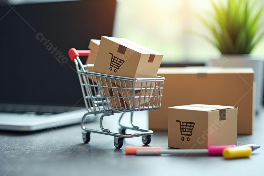 Foto Carrinho de Compras Miniatura Caixas de Papelão E-commerce Online