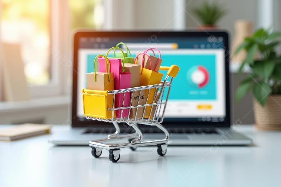 Foto Carrinho de Compras Miniatura Notebook E-commerce Online