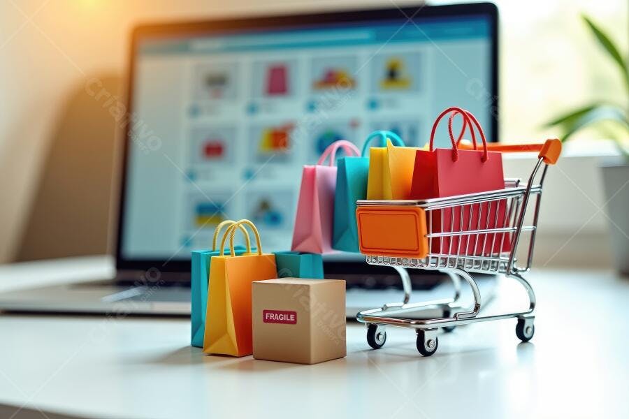 Foto Compras Online Notebook Carrinho Sacolas E-commerce