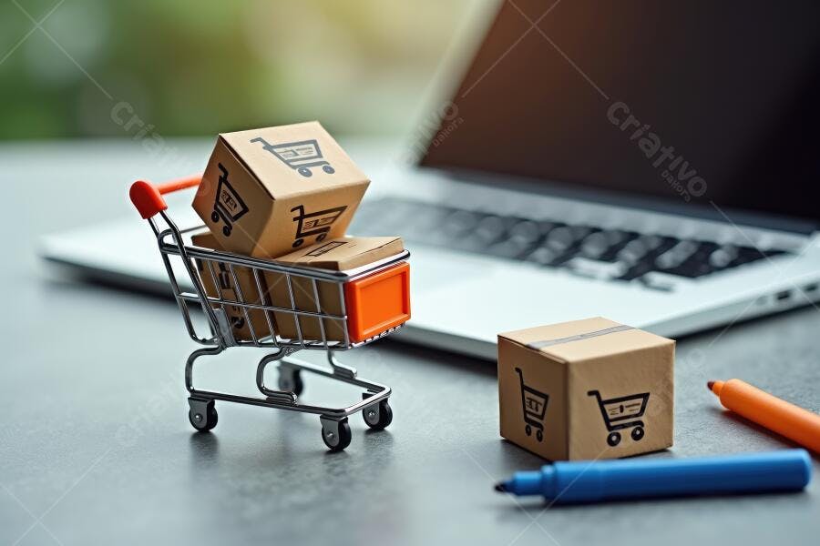 Foto Carrinho de Compras Miniatura Caixas E-commerce Notebook