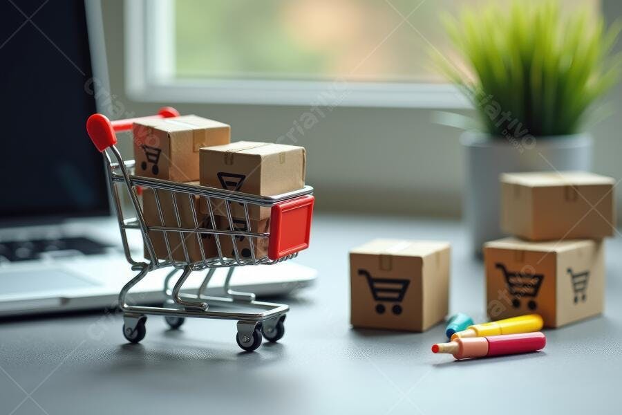 Foto Carrinho de Compras Miniatura Caixas E-commerce Online