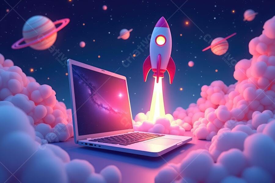 Notebook Lançamento Foguete Nuvens Rosa Espaço Sideral Digital