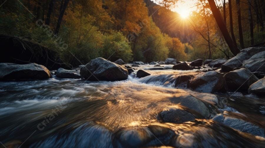 Foto Rio Montanha Outono Pôr do Sol Natureza Dourada