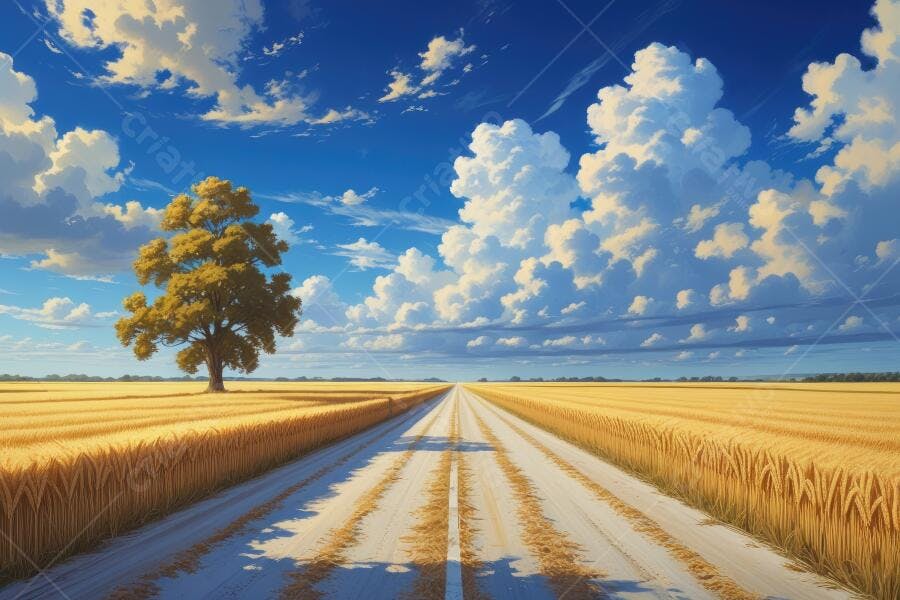 Foto Estrada de Terra Campo de Trigo Árvore Solitária Céu Azul