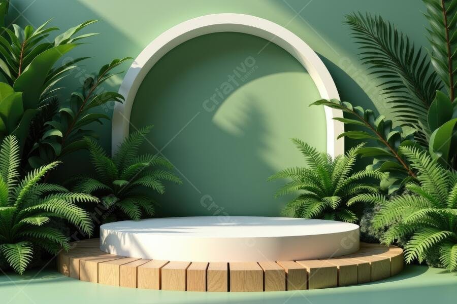 Foto Estúdio Pódio Branco com Plantas Tropicais Fundo Verde