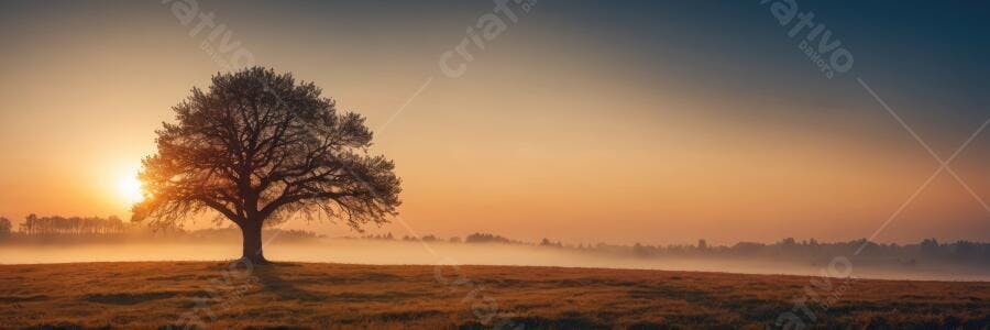 Foto Árvore Solitária Campo Amanhecer Neblina Dourada