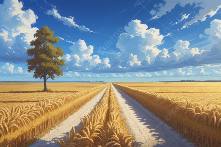 Foto Campo de Trigo Estrada de Terra Céu Azul Nuvens
