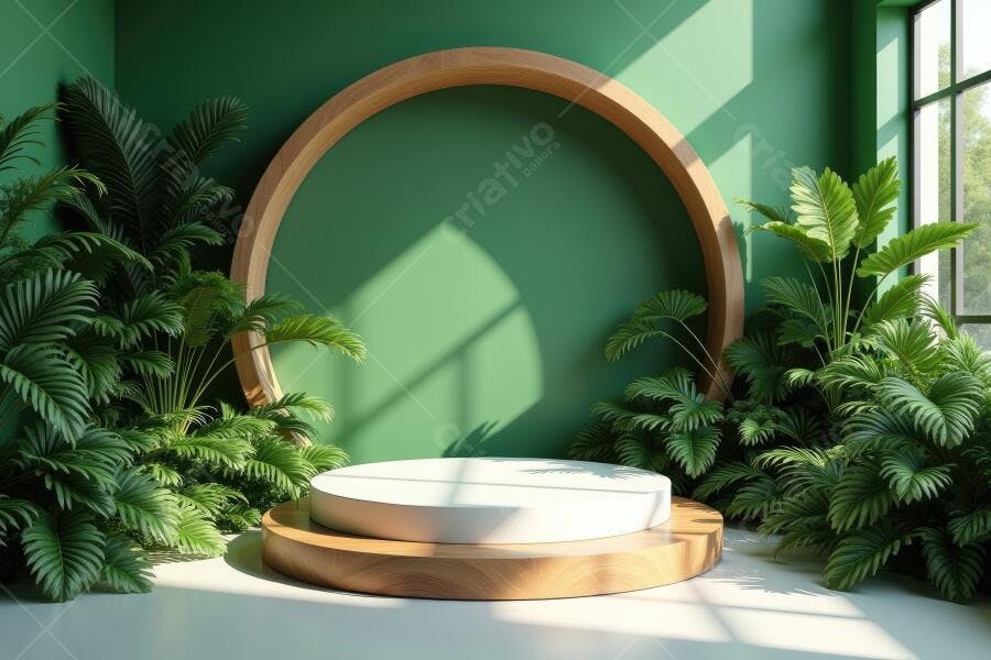 Foto Cenário Produto Verde com Pódio de Madeira e Plantas