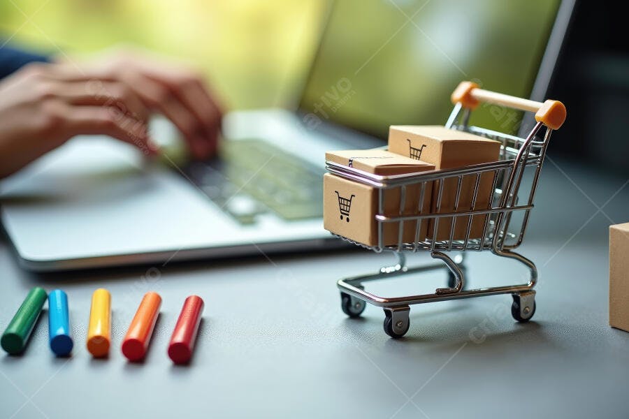 Foto Compras Online Carrinho Miniatura Notebook E-commerce