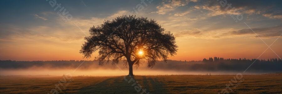 Foto Árvore Sol Nascente Campo Nebuloso Amanhecer