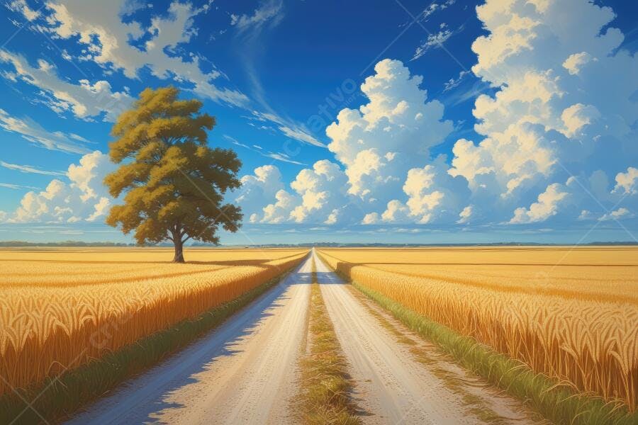 Foto Estrada de Terra Campo de Trigo Árvore Solitária Céu Azul