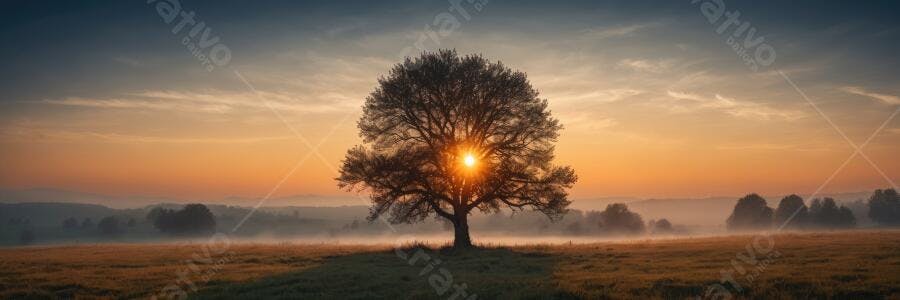 Foto Árvore Sol Nascente Campo Nebuloso Amanhecer
