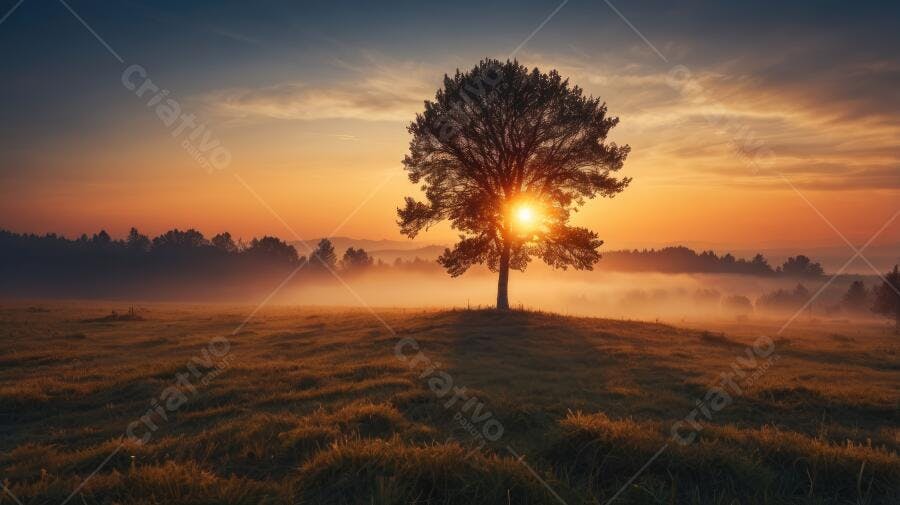 Foto Árvore Sol Nascente Campo Neblina Dourada Paisagem