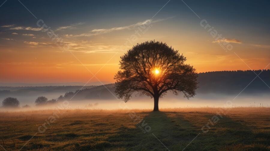 Foto Árvore Sol Nascente Campo Aberto Neblina Dourada