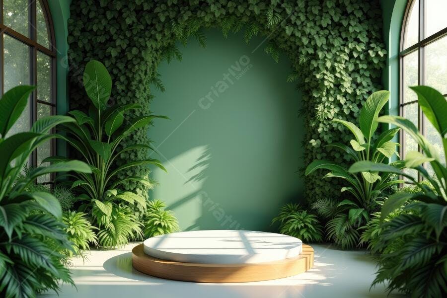 Foto Cenário Verde Plantas Tropicais com Pódio Expositor