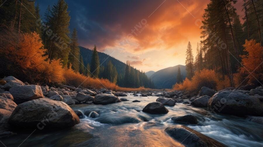 Foto Rio Montanha Outono Pôr do Sol Cores Vibrantes