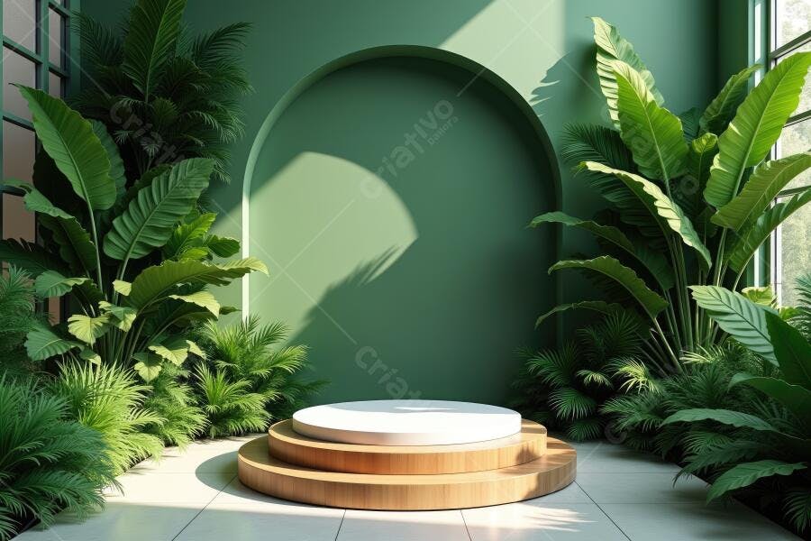 Foto Pódio Expositor Madeira Plantas Verdes Fundo Arco