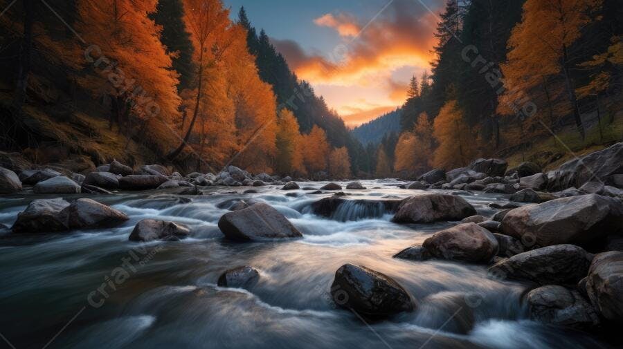 Foto Rio Montanha Outono Árvores Alaranjadas Pôr do Sol