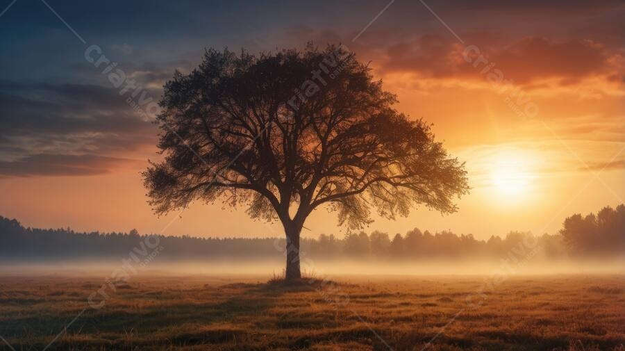 Foto Árvore Solitária Campo Amanhecer Neblina Dourada