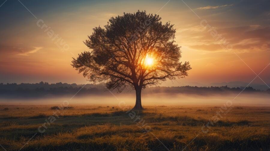Foto Árvore Sol Nascente Campo Neblina Dourada Paisagem
