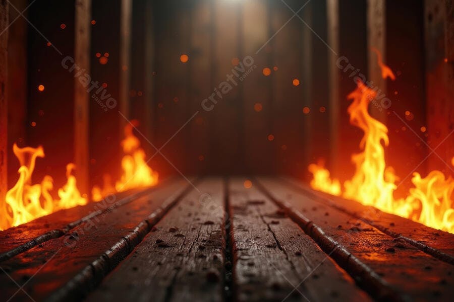 Foto Chamas Fogo em Piso de Madeira Escura Contexto Misterioso
