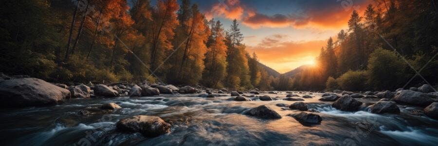Foto Rio Montanha Floresta Pôr do Sol Outono Paisagem
