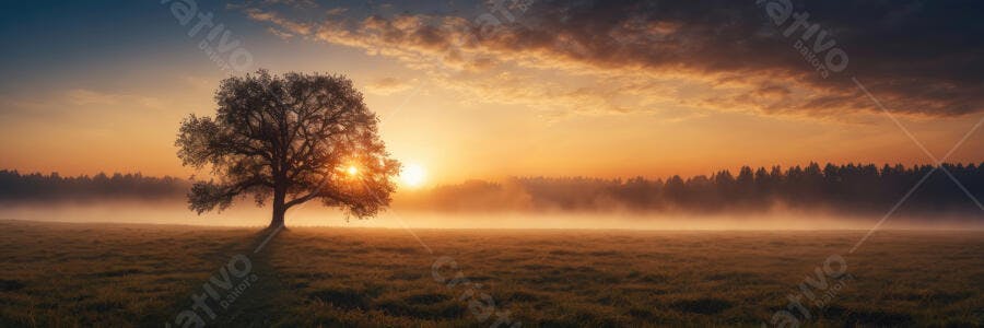 Foto Árvore Solitária Amanhecer Campo Neblina Dourada