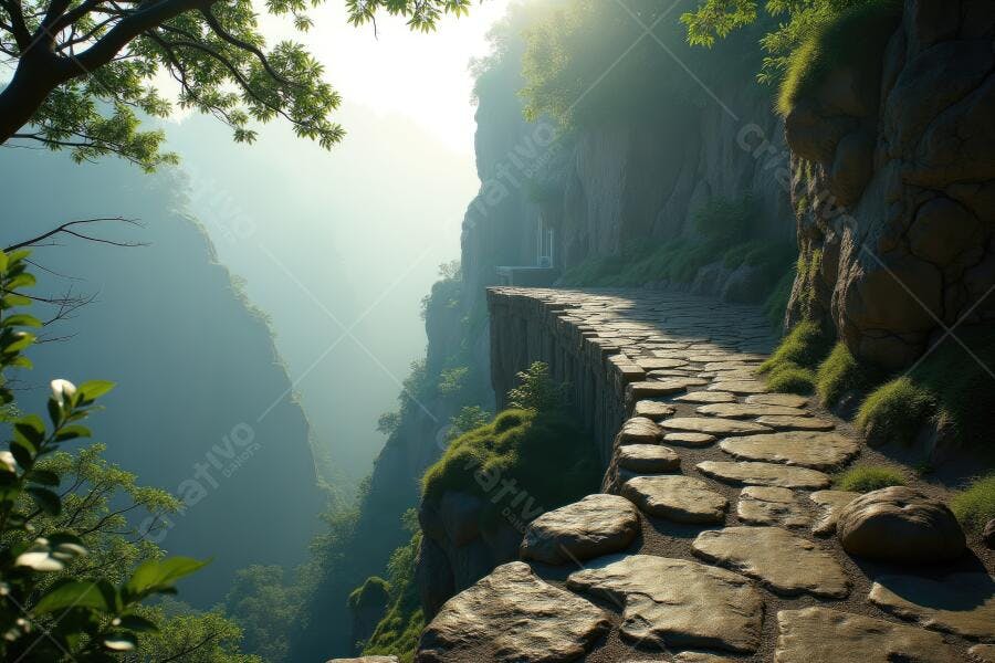 Foto Caminho de Pedras Montanha Verdejante Luz Solar