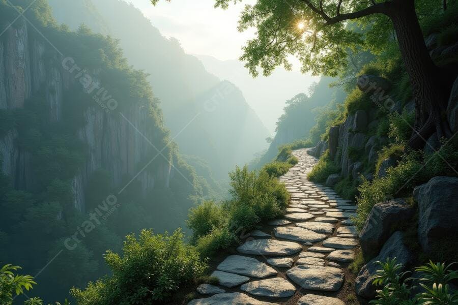 Foto Caminho de Pedras Montanha Verdejante Luz Solar Natural