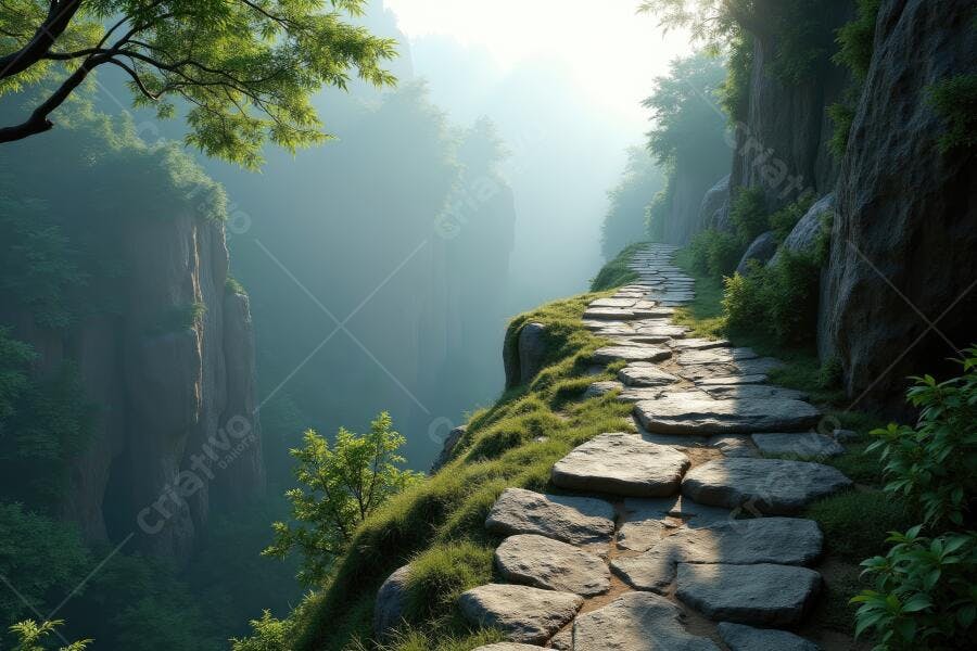 Foto Trilha de Pedras Montanha Neblina Manhã Ensolarada