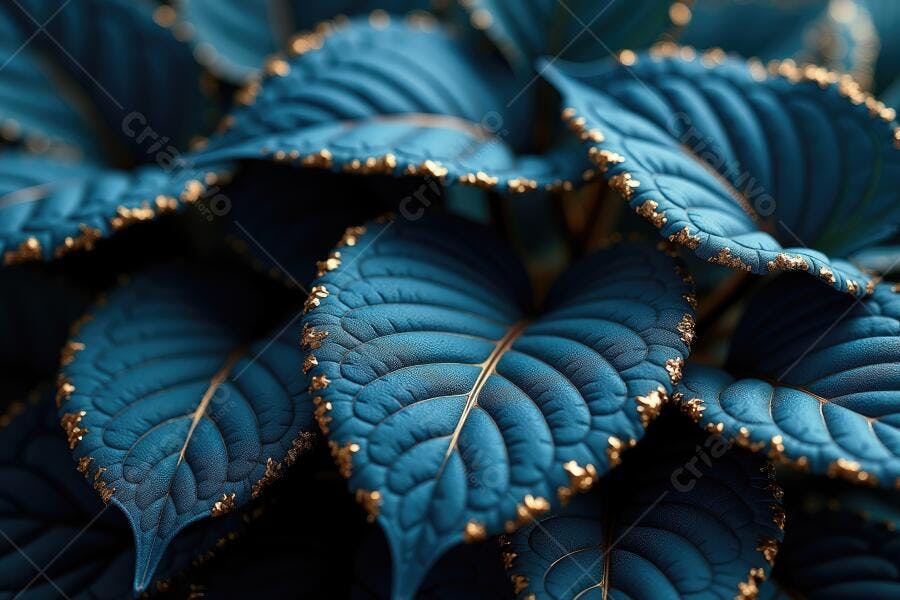 Foto Folhas Azuis com Bordas Douradas Detalhe Natureza Luxo