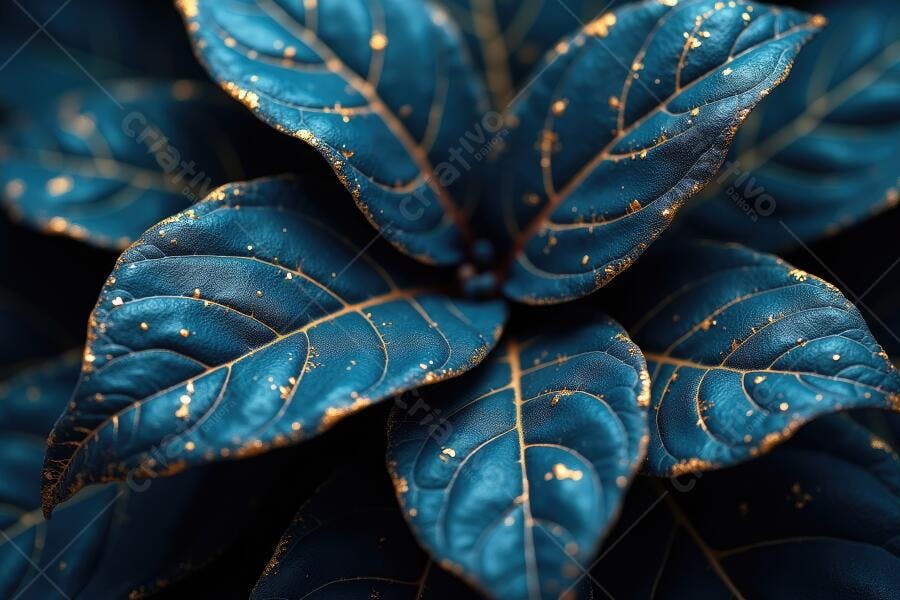 Foto Folhas Azuis Escuras com Detalhes Dourados Textura Natural
