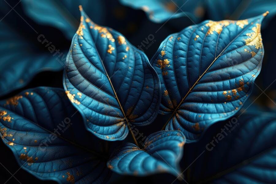 Foto Folhas Azuis Escuras com Detalhes Dourados Textura Natural