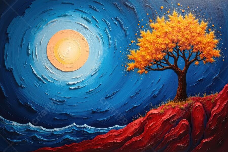 Pintura Abstrata Árvore Dourada Noite Estrelada Mar Azul