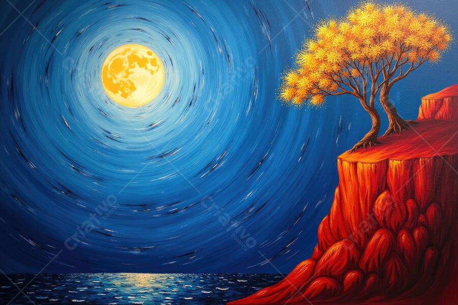 Pintura Abstrata Noite Lua Cheia Árvore Laranja Penhasco Vermelho