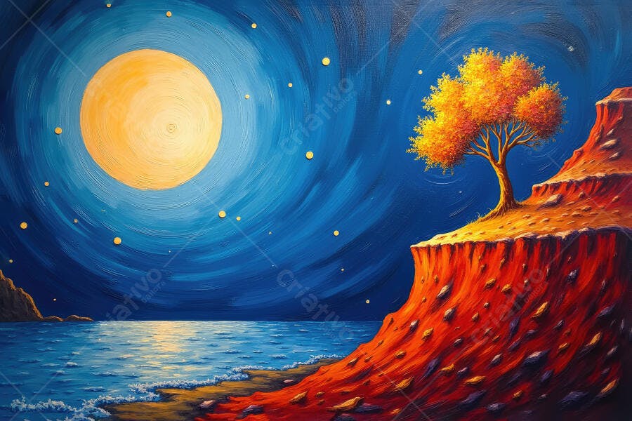 Pintura Noite Lua Cheia Árvore Solitária Penhasco Mar
