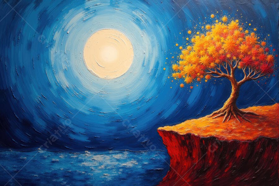 Pintura Árvore Laranja Lua Cheia Noite Estrelada Abstrata