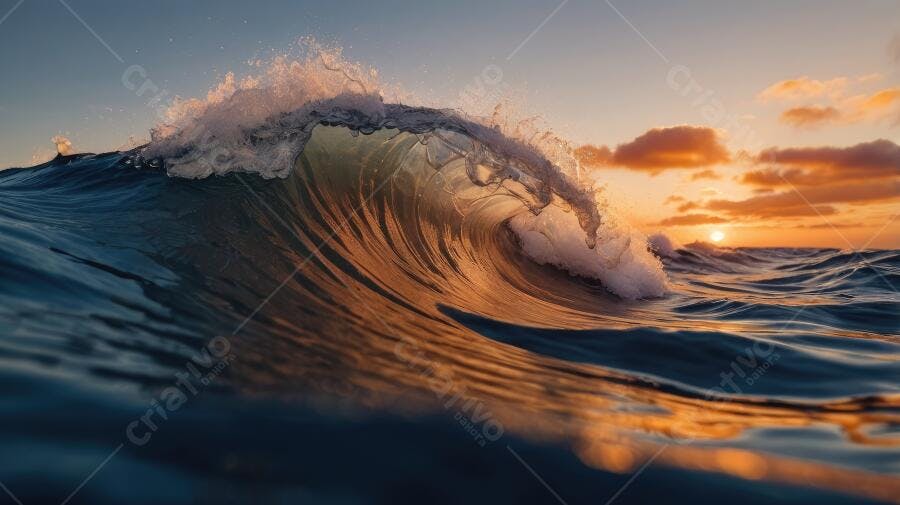 Foto Onda Gigante Quebrando Mar Pôr do Sol Dourado
