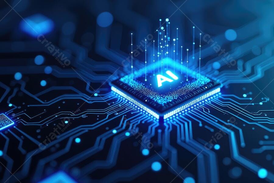 Foto Chip de Inteligência Artificial AI com Circuitos Azuis
