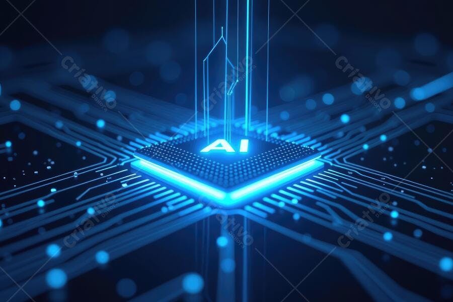 Foto Chip de Inteligência Artificial AI com Circuitos Azuis Brilhantes