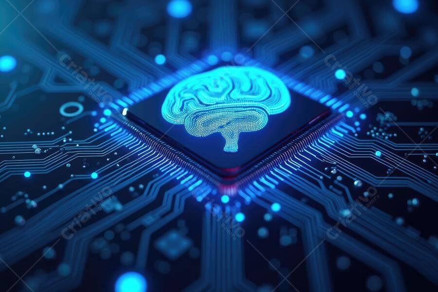 Foto Cérebro IA em Chip de Computador Tecnologia Azul