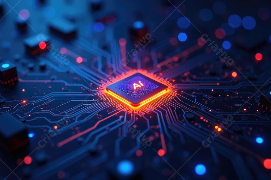Foto Chip Processador IA Iluminado Placa de Circuito Azul Vermelho