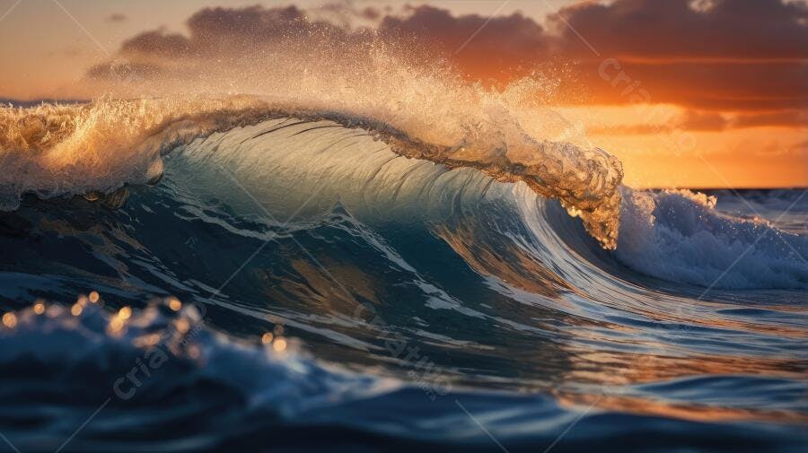 Foto Onda Gigante Quebrando Mar Pôr do Sol Dourado