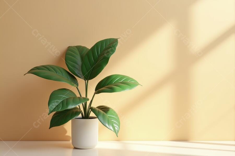 Foto Planta Verde Vaso Branco Parede Bege Iluminação Natural