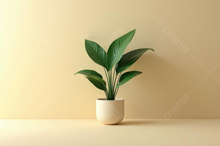 Foto Planta Verde Vaso Branco Fundo Bege Minimalista