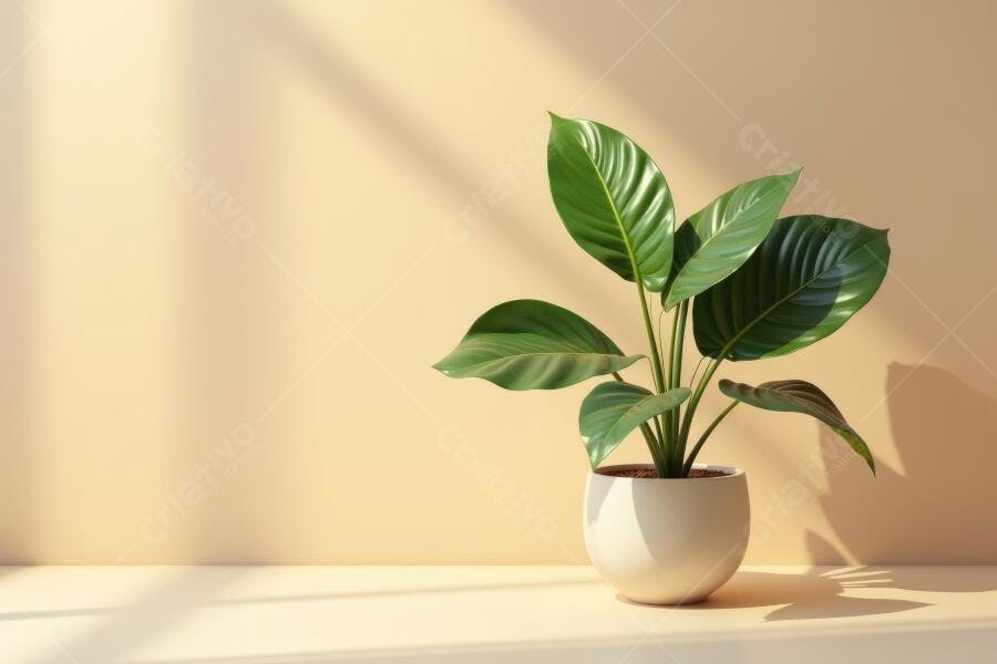 Foto Planta Verde Vaso Branco Parede Bege Luz Natural