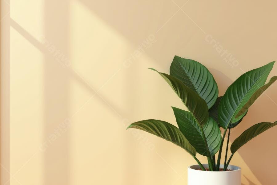 Foto Planta Verde Vaso Branco Parede Bege Luz Solar